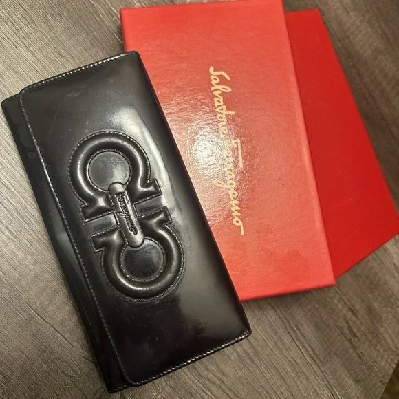 Salvatore Ferragamo Black Patent Leather Clutch